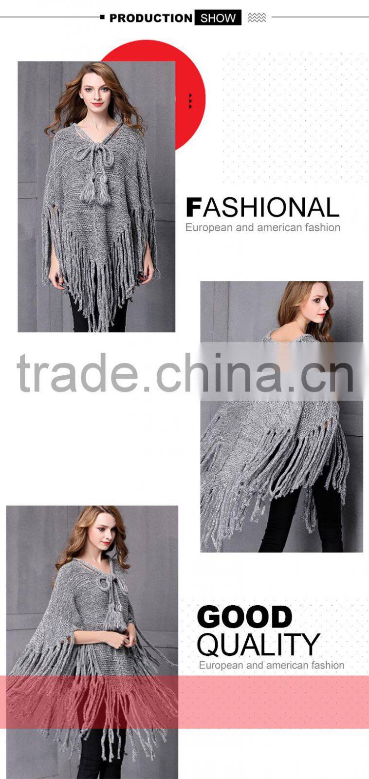 2017 ladies stylish custom made tassels hem pullover sweater poncho with best quality