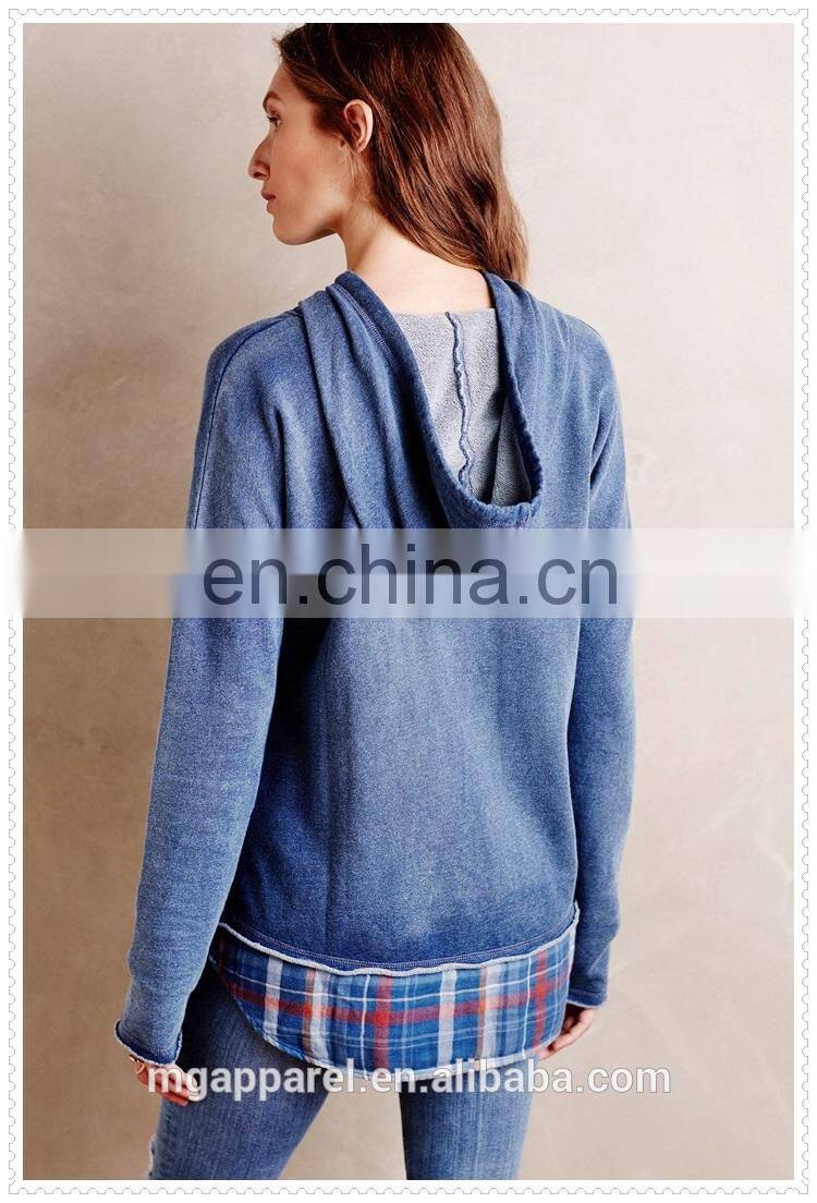 china wholesale women clothes layered plaid cotton jersey hoodie with flannel trim manufacturers
