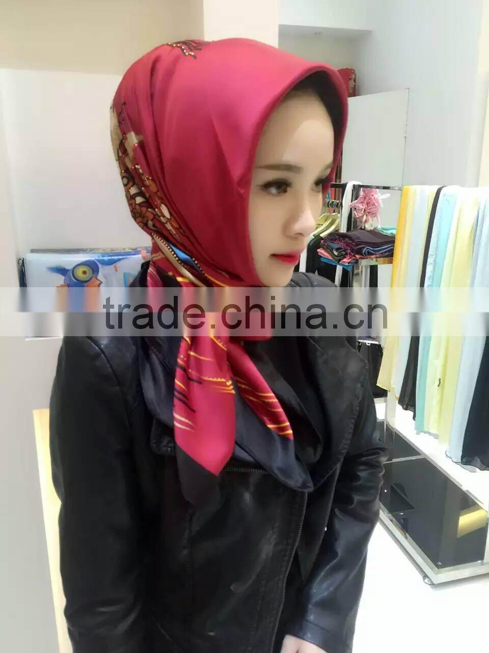 Newest 2016 printed 110*110cm silk square islamic headscarf;muslim scarf