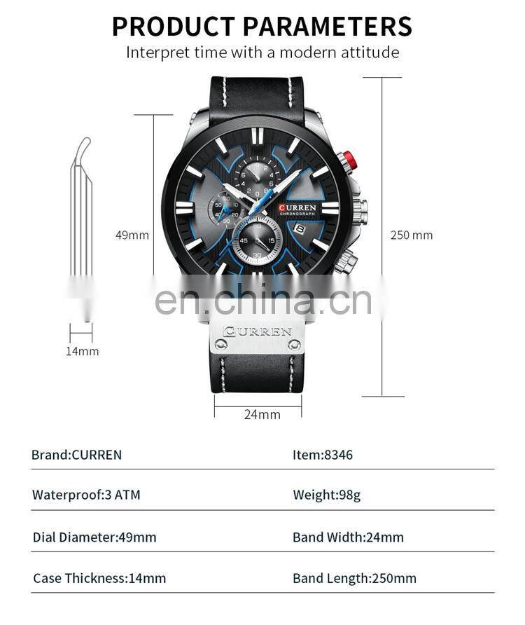CURREN 8346 Men Black Leather Strap Analog Quartz Watches Chronograph Calendar Luminous Mens Wrist Watch