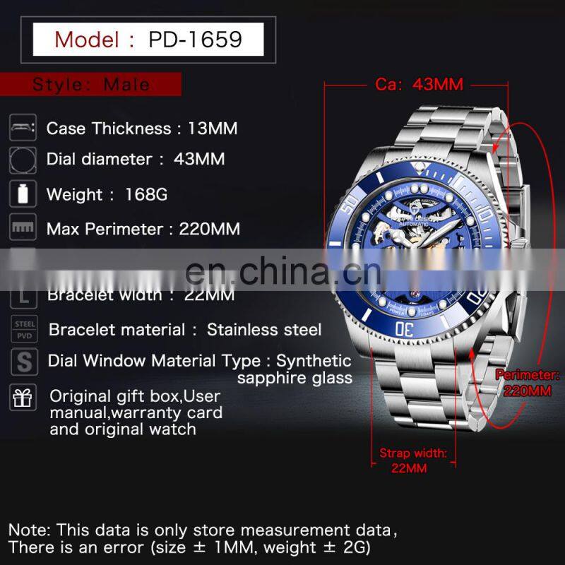 PAGANI DESIGN 1659 Men Automatic Self-Wind Watch Military Stainless Steel Tourbillon Sport Waterproof Watch