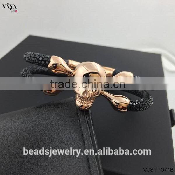 2016 China Factory Personal Logo Words Bracelet, Stingray/ Python Skin Leather Bracelet With Stainless Steel Skull Double Eyes