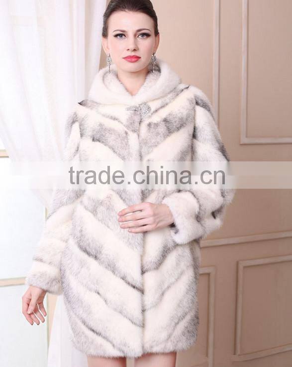emk1453 newest style lady cross mink fur coat with hood