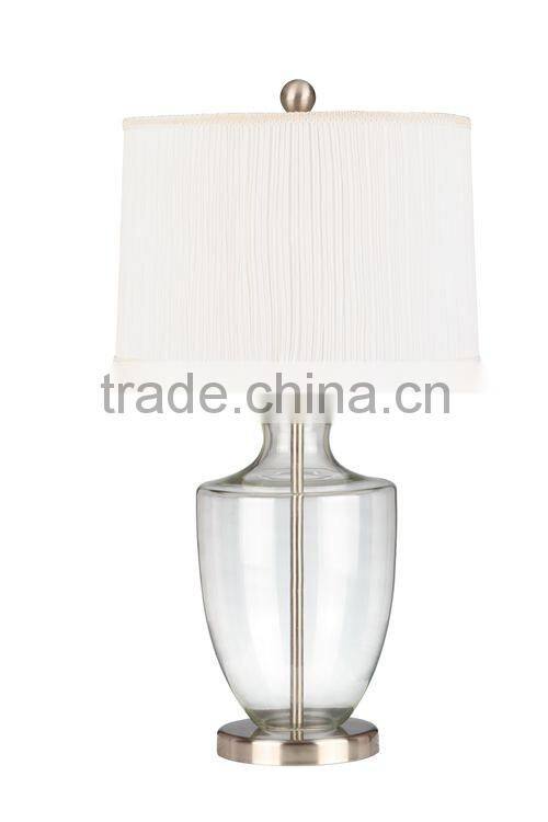 Clear glass table lamp and white pleated softback shade
