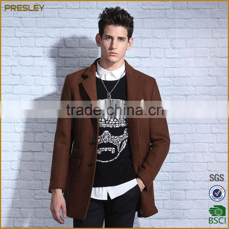 Stand collar casual style long woolen jacket coat with fleece lining for man