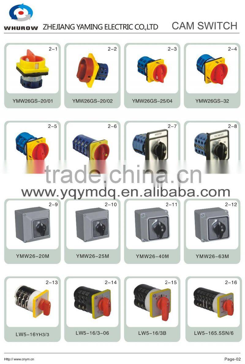 Cam switch YMW26-63/1GS with padlock changeover rotary switch 1 stage 2 positions on-off 4 terminals 63A Ui 690V sliver contacts