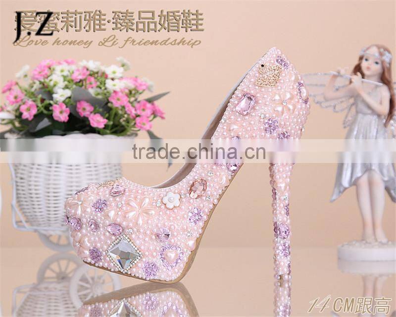 OW23 new design lady noble thin heel pinkcrystal wedding shoes
