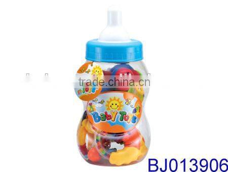 Cute plastic small feeding bottle with infant baby rattles toy