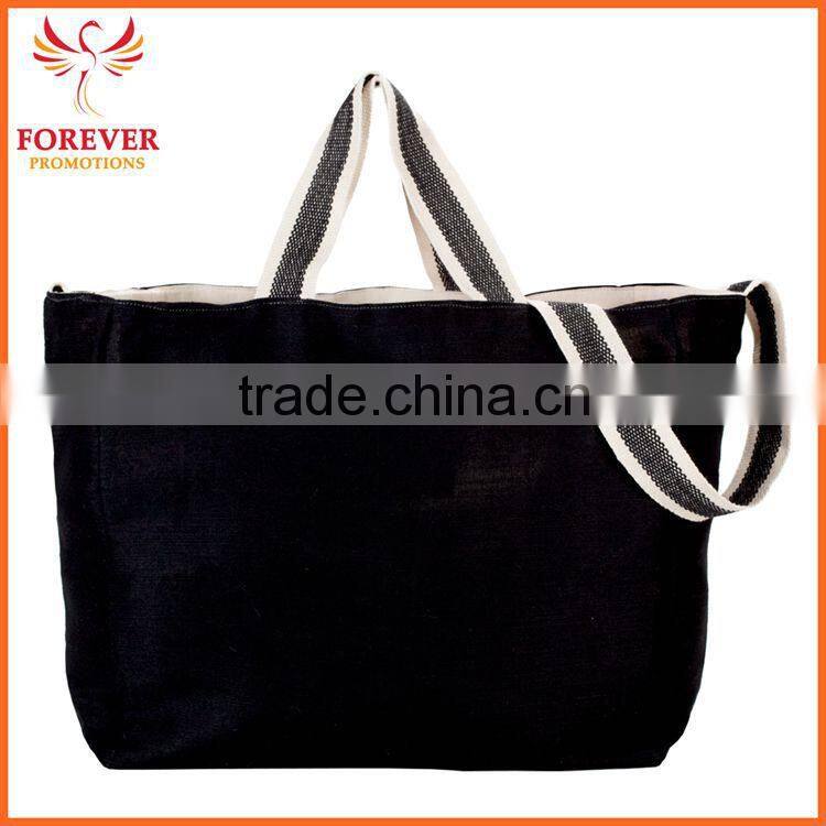 16" Silk- screen Logo Black Red Jute Tote Shopper Bag With Handles and Shoulder Strap