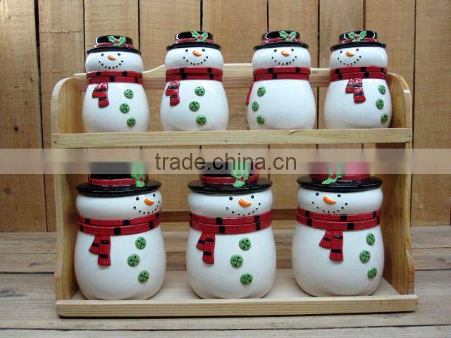 Manufacturing Handmade Ceramic Dolomite Snowman Food Containers Set with Wooden Stand