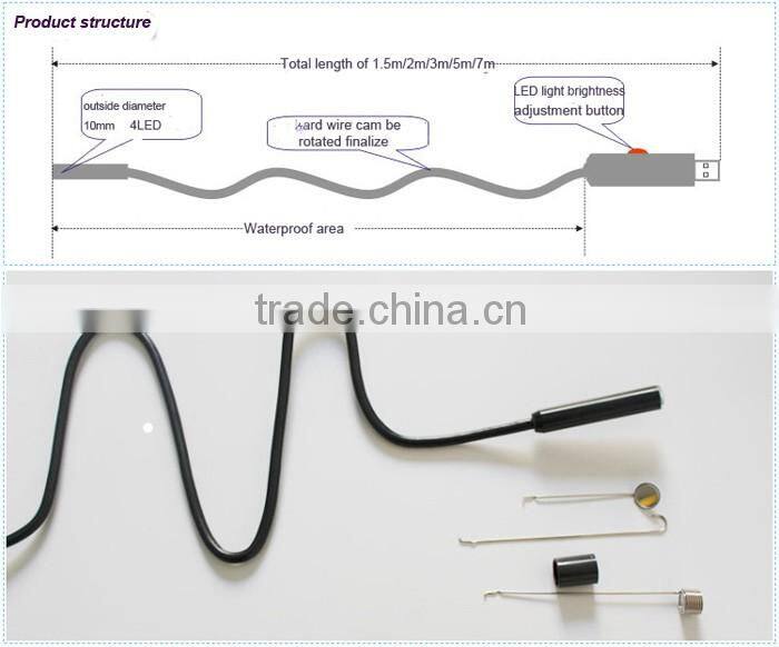 Portable diameter10mm Cable length 7m Waterproof snake hard wire driver usb endoscope camera