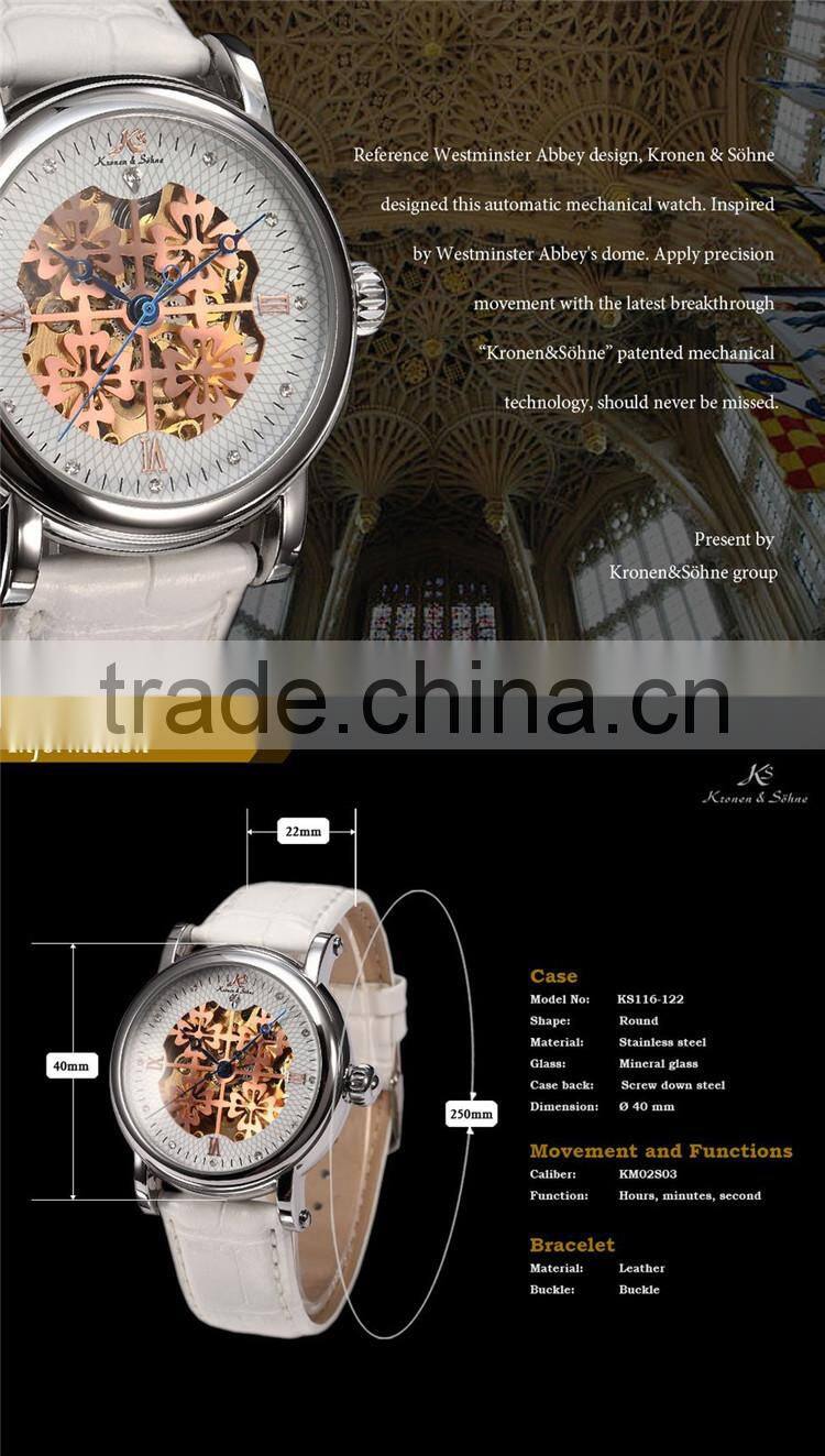 2015 Fashion Roman White Leather Band Skeleton Mechanical Automatic Men Watch