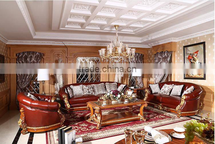 Luxurious French Rococo Brown Leather Wooden Hand Carved Living Room Sofa, Italian Palace Furniture(MOQ=1 SET)