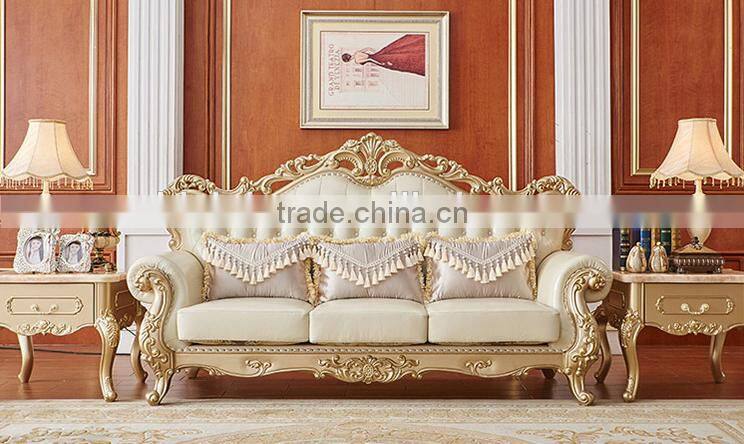 Neoclassic style solid wood champagne gold carving leather sofa set