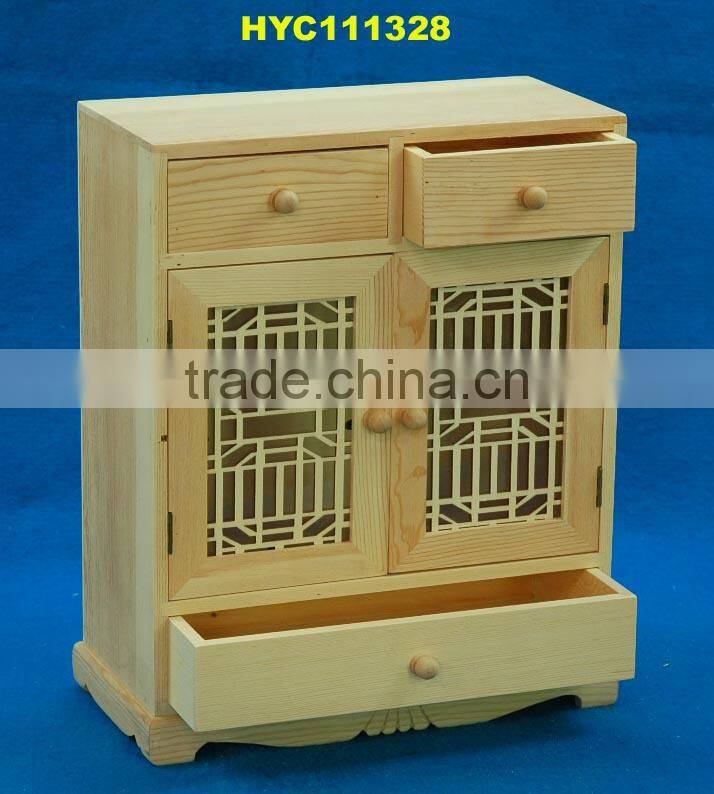 unfinished wooden small storage cabinet on table top