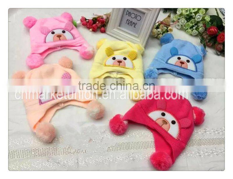 Color mix cutey bear baby winter knitted hat with ball and earmuffs
