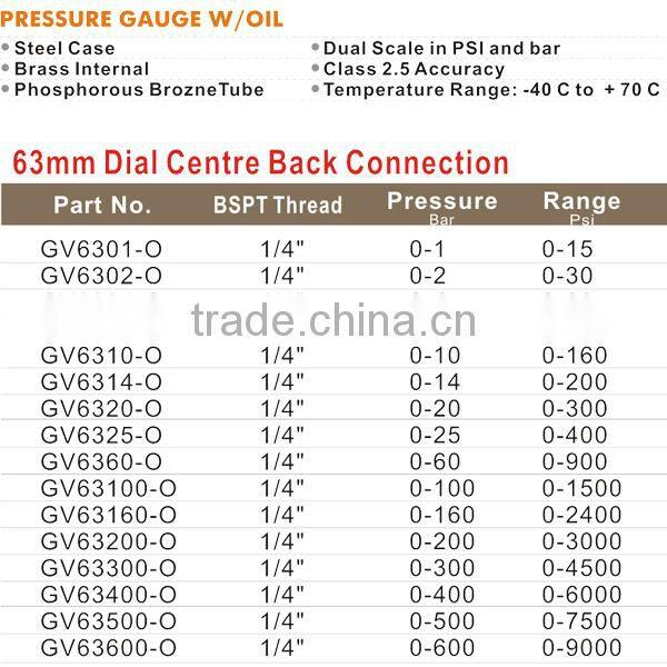 Class 2.5 Accuracy China Products 63MM Pressure Gauge GV6320-O