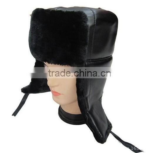 Winter hat with earflaps crazy faux fur leather trapper hat