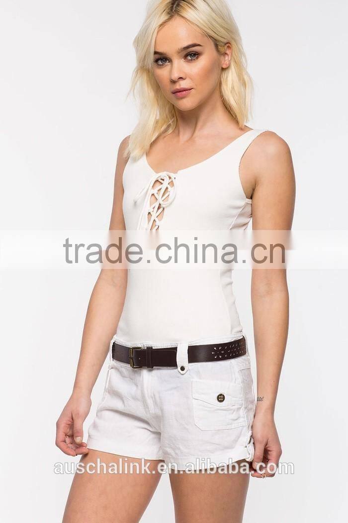 summer nice design women white belted linen shorts wholesale