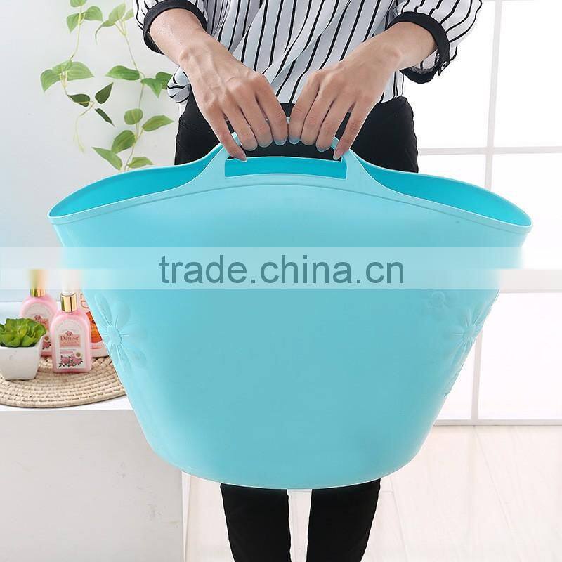 Large size Pink green Soft foldable plastic laundry basket with handle