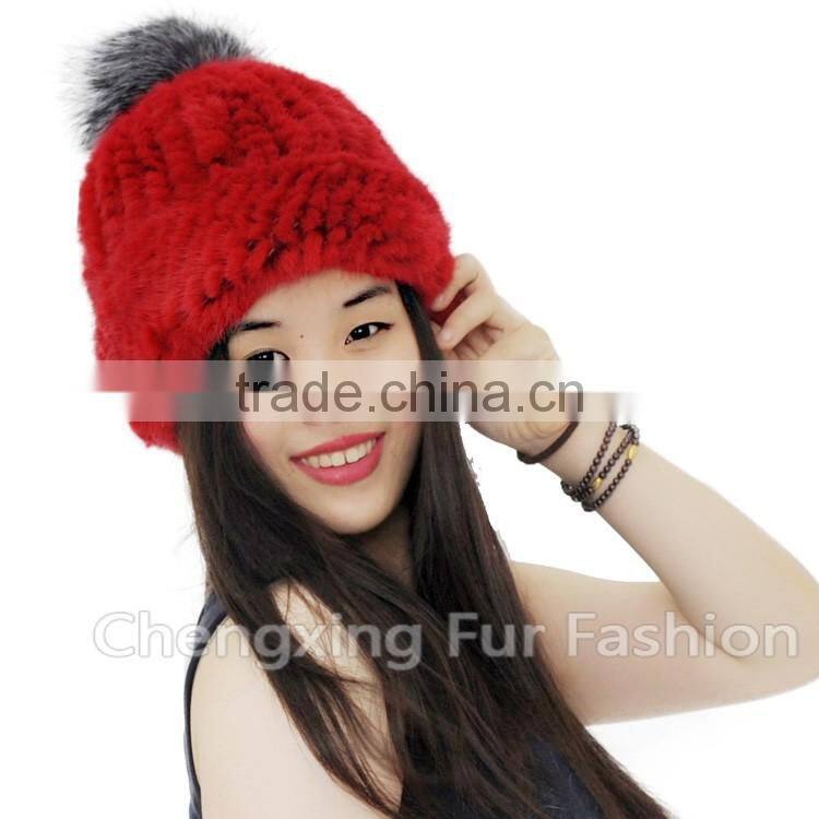 CX-C-239K Cute Style Mixed Color Knitted Cross Grain Real Mink Fur Warm Hats With Fox Fur Pom Pom