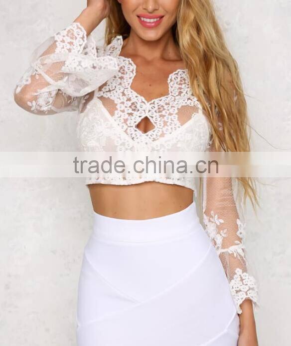Runwaylover 115 Europe Style 2017 Women Sexy Deep V-Neck Lace Embroidery Crop Tops