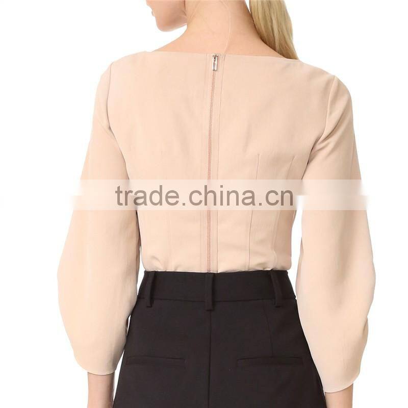 2017 OEM Smocked Elastic Gathered Cuff Wide Neckline Stylish Blouse