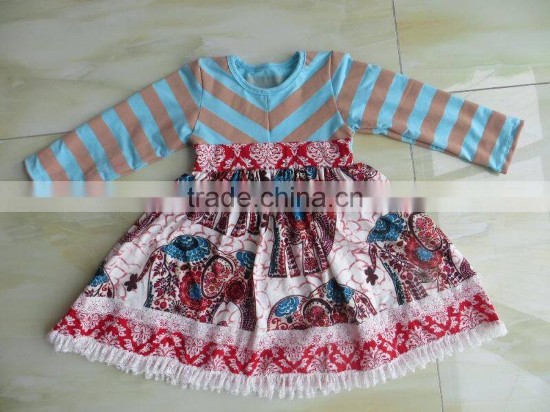 2015 children spring fall clothing stripe long sleeves cotton tops and elephant print skirt baby girls party dress YW-032