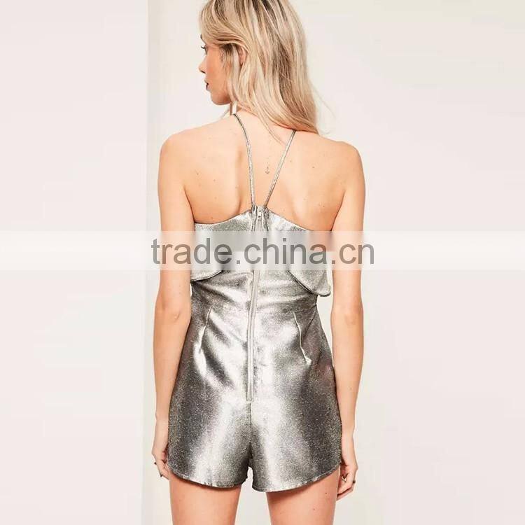 Guangzhou Supplier Fashion silver double layer halter romper women summer sexy playsuit for wholesale