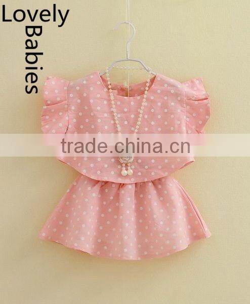 Girls summer outfits 2016 girl polka dot fabric flutter sleeve shirt top and skirt