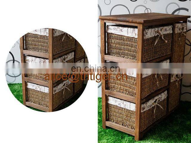 Antique Living Room Cabinet Wooden Cabinet with 5 Rattan Storage Drawers