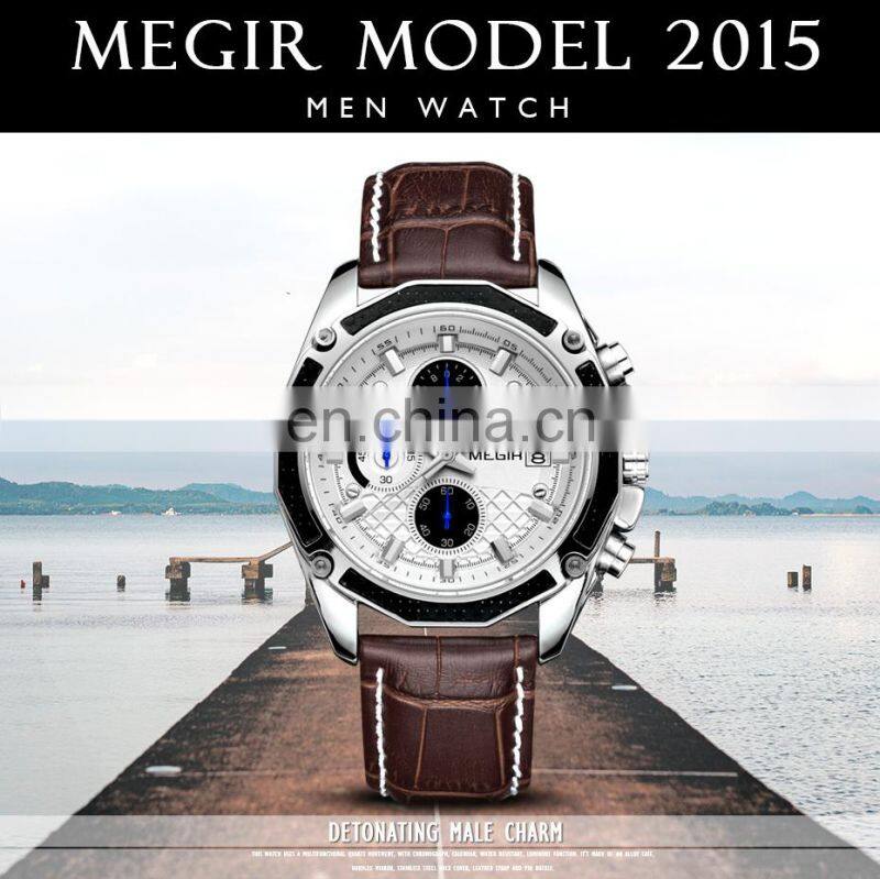 MEGIR 2015 Men Leather Strap Analog Chronograph Calendar Wrist Watch Military Sport Men Wristwatch