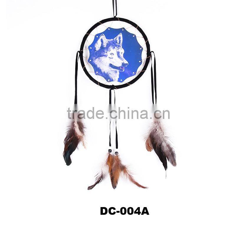 Wholesale Feathers Wall Hanging Decoration Indian Dream Catcher With Wolf Pattern