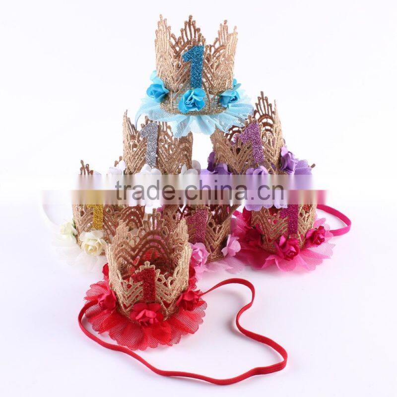 Hot-sales kids large gold lace crown headband baby hair accessory crown baby gold flower hair band wh-1836