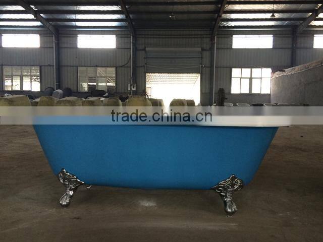 rectangular freestanding cast iron bathtub with wooden cradle