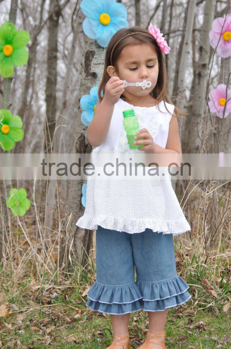 2015 Lovely design cotton lace top with Double Ruffle jeans pants Clothing sets