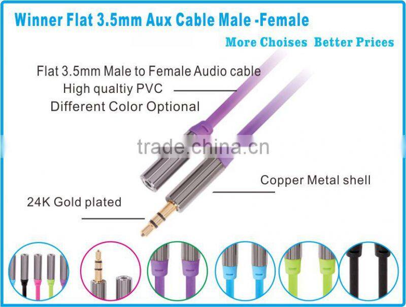 Male to Female 3.5mm aux cable gold plated for earphone noodle aux cable