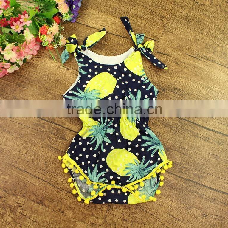 100% cotton toddler girl summer fruit print pom pom floral baby clothes romper first birthday pom girls jumpsuit