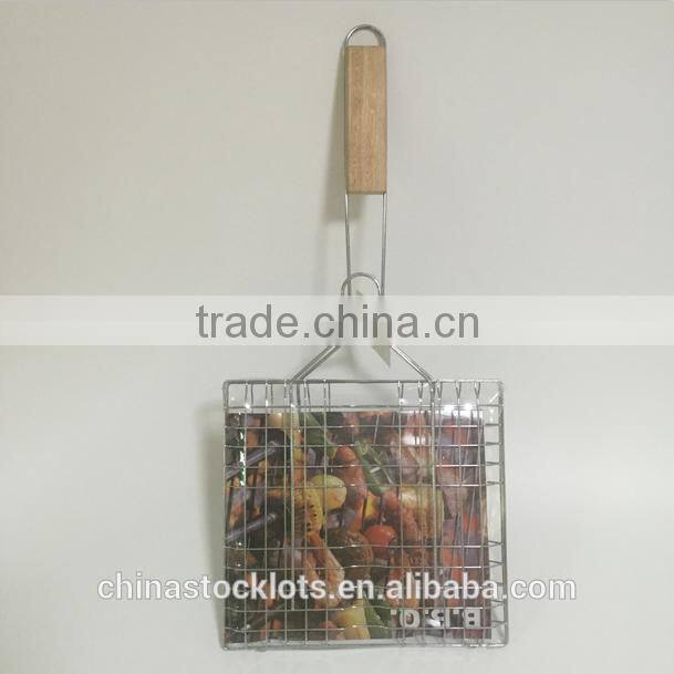 Barbecue grill rack stainless steel non-stick BBQ grilling basket tools with wooden handle