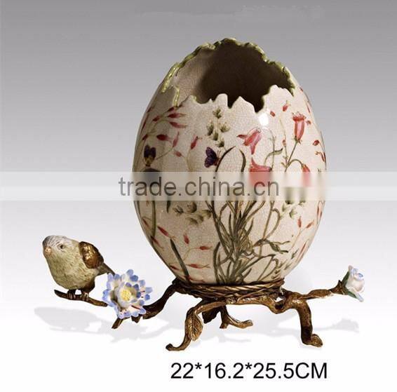 Elegant Porcelain Jar Vase With Brass Base, Blue & White Design Ceramic Egg Shaped Vase, Home Decor Imitate Bird Flowr Pot