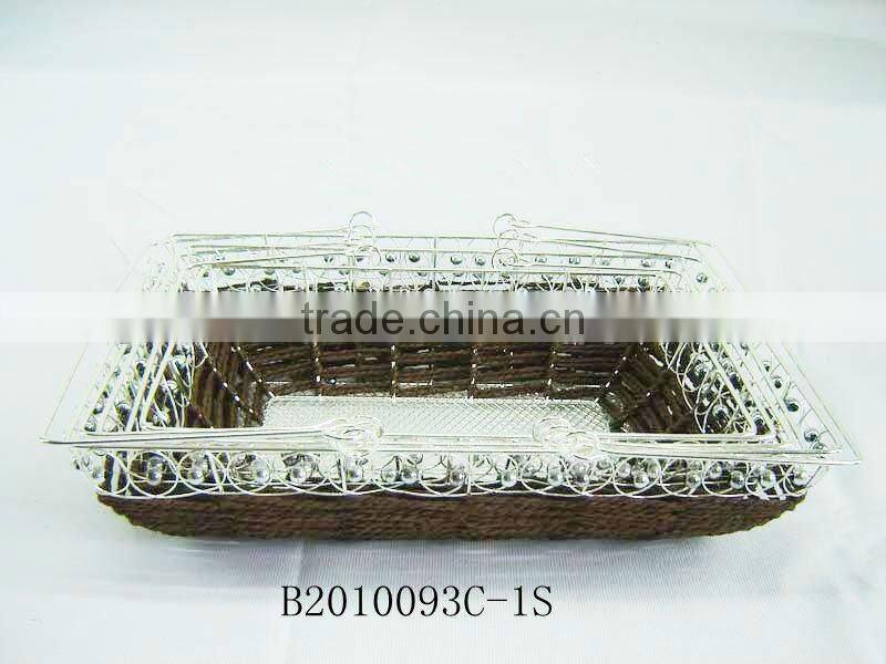 Silver metal wire and paper rope rectangle fruit storage basketry