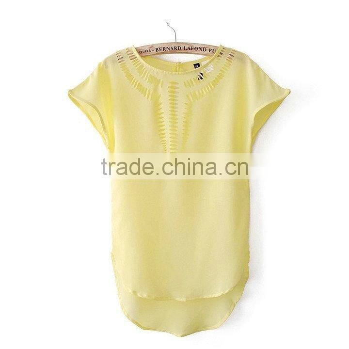 NEW 2015 summer Women's Clothing Blouses Shirts Chiffon Front Hollow Out Vintage Short Batwing Sleeve Shirt Top 6 Colors