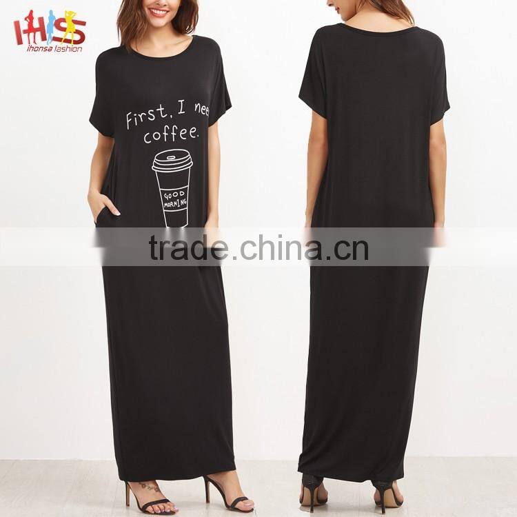 Black Graphic Print Maxi Tee Dress With Side Pocket Fashion Boho Vintage Maxi Long Dress HSd7071