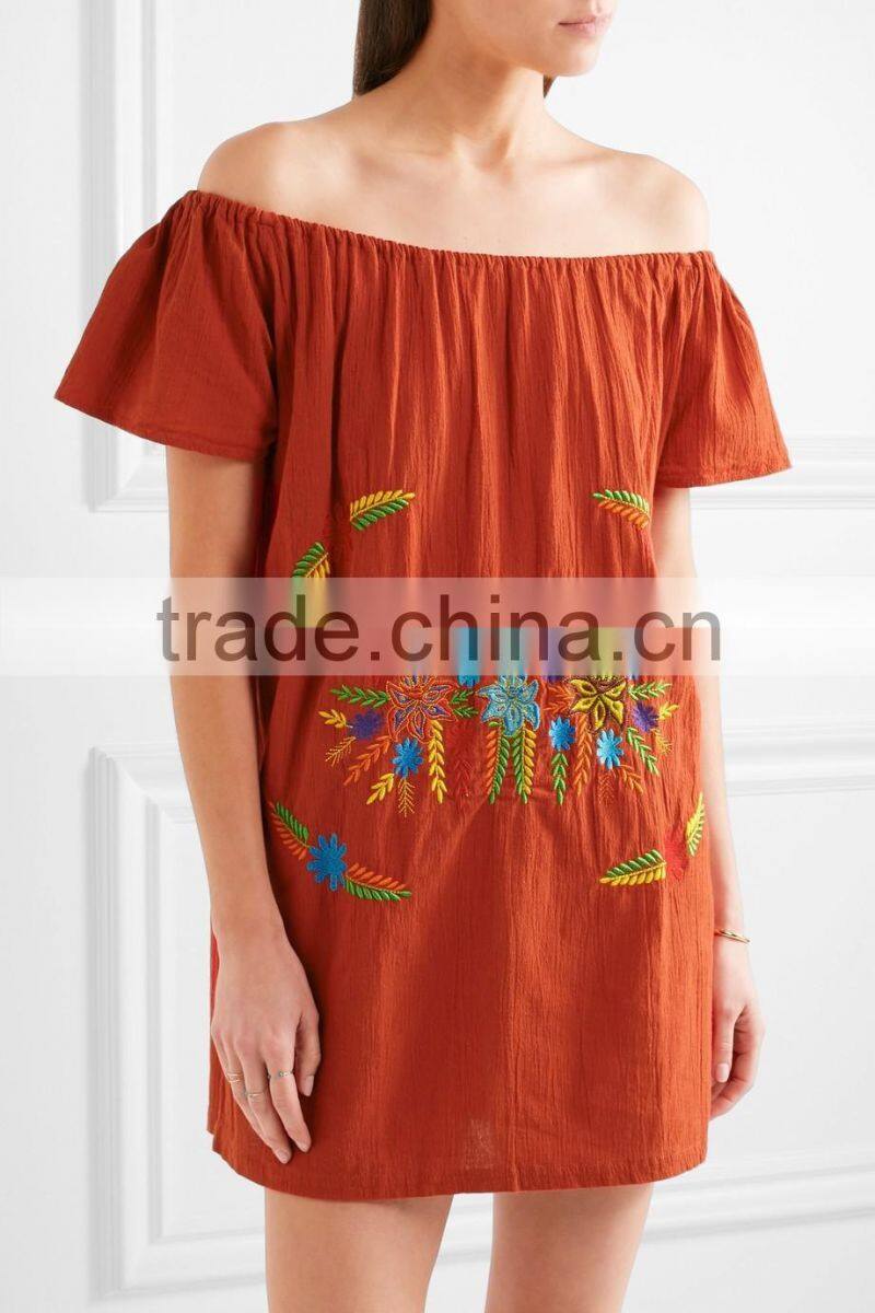 Bohemian Clothing Boho Mexican Peasant Embroidered Crinkled Cotton Mini Dresses With Pompom HSD5939