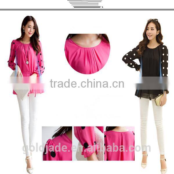 OEM lady sexy loose rose red and black chiffon dot round collar long petal sleeve blouse