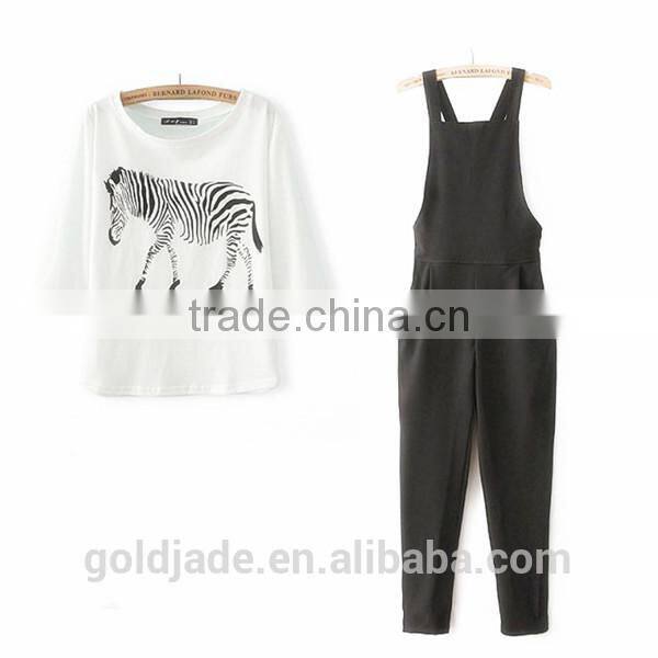 OEM lady sexy casual three quarter sleeve t shirts and suspender pants set