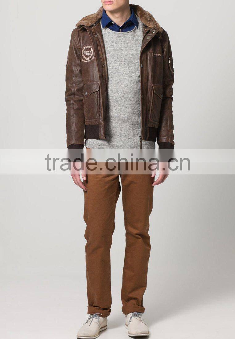 2014 new brown PU leater sherpa jacket for men
