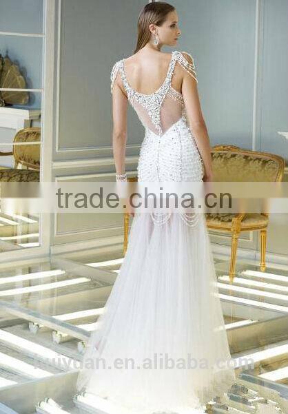 2015 white sexy tulle beaded scoop neck evening dress crystal