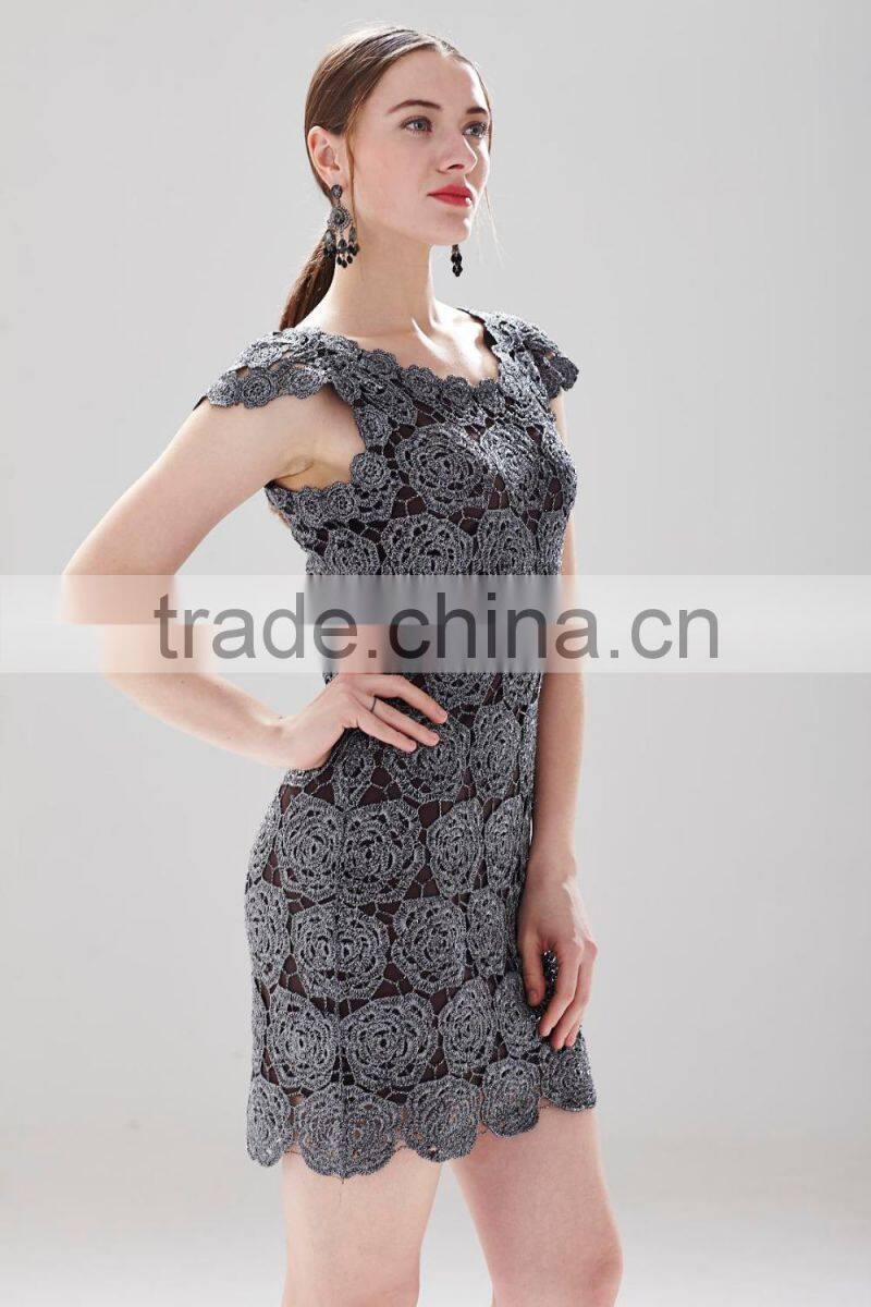 Short Sleeve Flower Cut-out Metallic Effect Ladies Slim Body Crochet Dress SR- D782