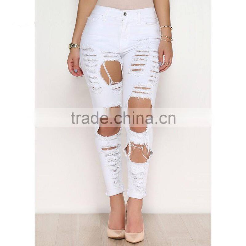 2016 women pants Ladies Casual white and black with waist-length Ripped distressed female jeans